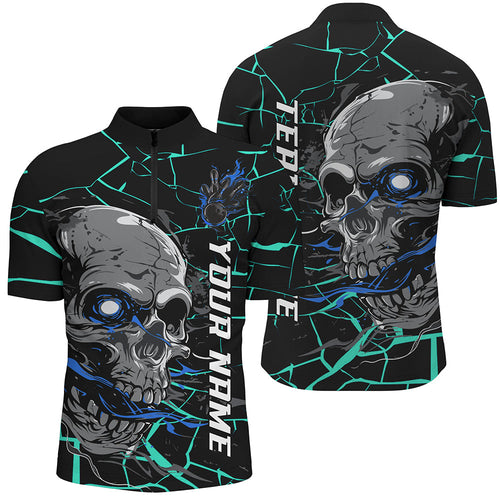 Custom Blue Halloween Skull Bowling Shirts For Men, Outfit Bowling For Team IPHW7096