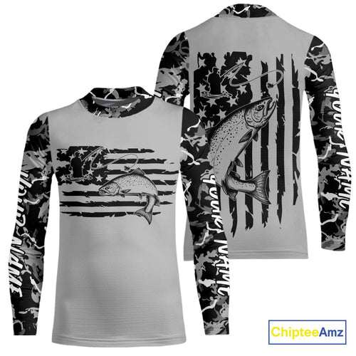 Custom Gray Camo US Flag Patriotic Trout Fly Fishing Kid Long Sleeve Tournament Fishing Shirts IPHW9669