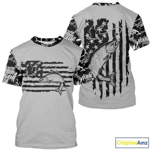 Custom Gray Camo US Flag Patriotic Trout Fly Fishing Tournament Fishing T-Shirts IPHW9669