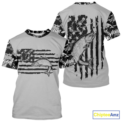 Custom Gray Camo US Flag Patriotic Trout Fly Fishing Tournament Fishing T-Shirts IPHW9669