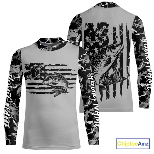 Custom Gray Camo US Flag Patriotic Carp Fishing Kid Long Sleeve Tournament Fishing Shirts IPHW9670