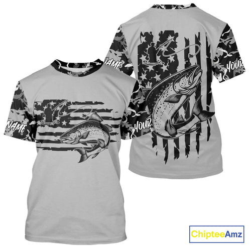 Custom Gray Camo US Flag Patriotic Salmon Fishing Tournament Fishing T-Shirts IPHW9672