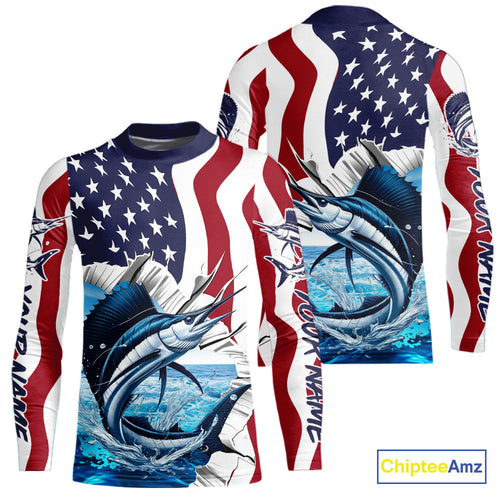 Custom Patriotic US Flag Sailfish Kid Long Sleeve Fishing Shirt, Sailfish Fishing Jersey IPHW9676