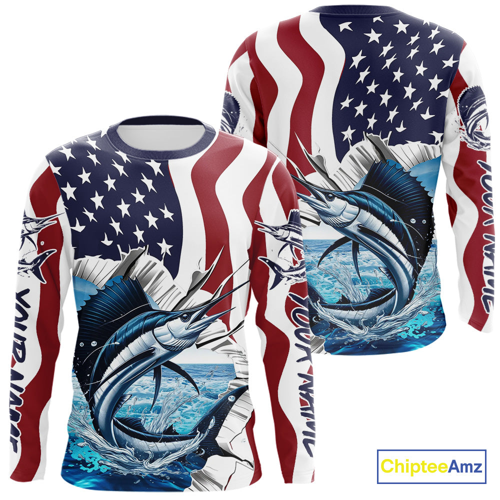 Custom Patriotic US Flag Sailfish Long Sleeve Performance Fishing Shirt, Sailfish Fishing Jersey IPHW9676