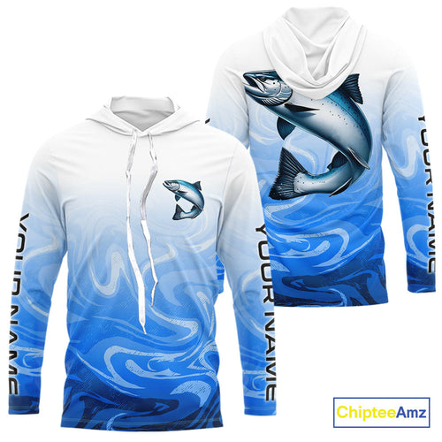Blue Camo Chinook Salmon Fishing Custom Long Sleeve Hooded Shirt, Salmon Saltwater Fishing Apparel IPHW9677