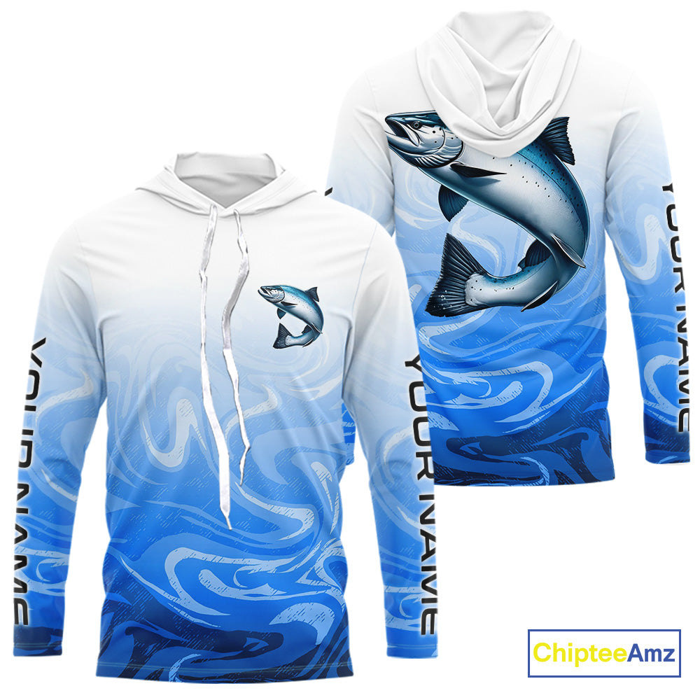 Blue Camo Chinook Salmon Fishing Custom Long Sleeve Hooded Shirt, Salmon Saltwater Fishing Apparel IPHW9677
