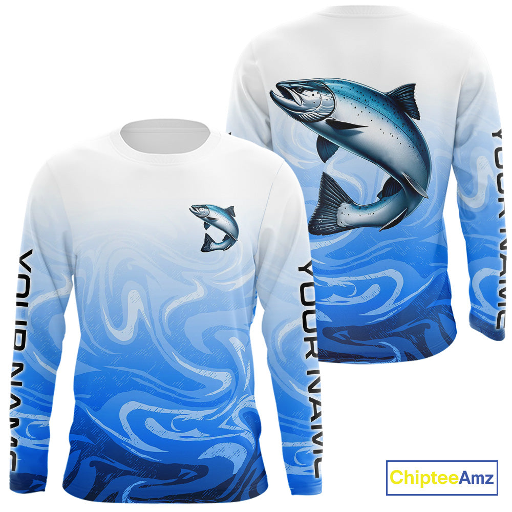 Blue Camo Chinook Salmon Fishing Custom Long Sleeve Shirts, Salmon Saltwater Fishing Apparel IPHW9677