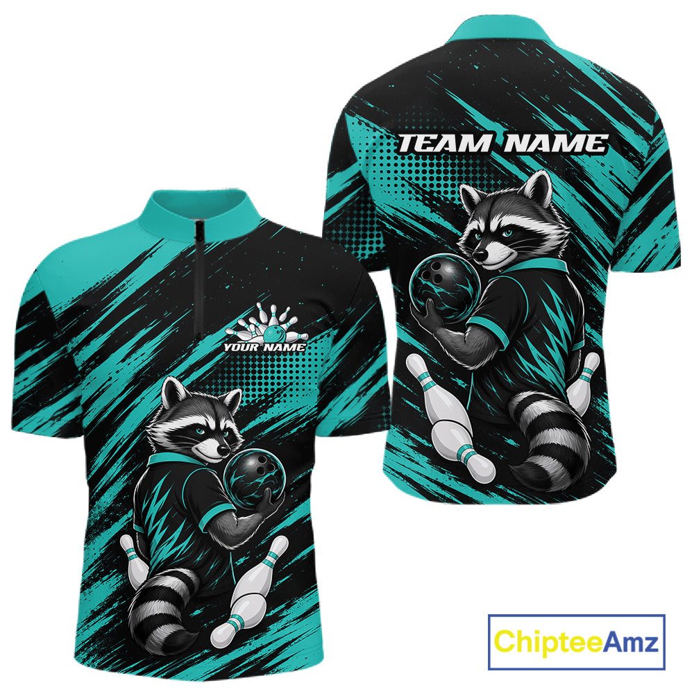 Front and back views of a short-sleeve quarter-zip bowling jersey featuring a raccoon bowling graphics on a black and teal abstract background. 