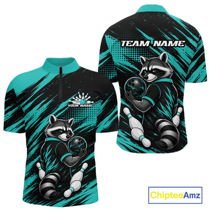 Front and back views of a short-sleeve quarter-zip bowling jersey featuring a raccoon bowling graphics on a black and teal abstract background. 
