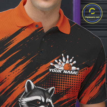 Custom Black And Orange Cool Looking Raccoon Bowling Jersey, Funny Bowling Men Polo Shirt IPHW11863