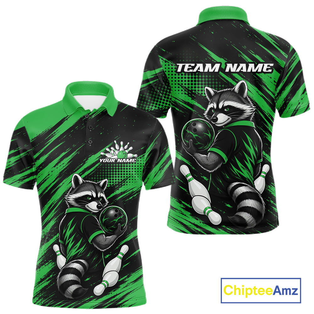 Custom short-sleeve polo shirt shown from the front and back, featuring a raccoon bowling graphic in green, black, white, and gray, with customizable text fields 'TEAM NAME' and 'YOUR NAME'.