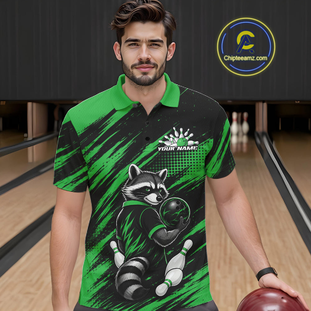 Custom Black And Green Cool Looking Raccoon Bowling Jersey, Funny Bowling Men Polo Shirt IPHW11864