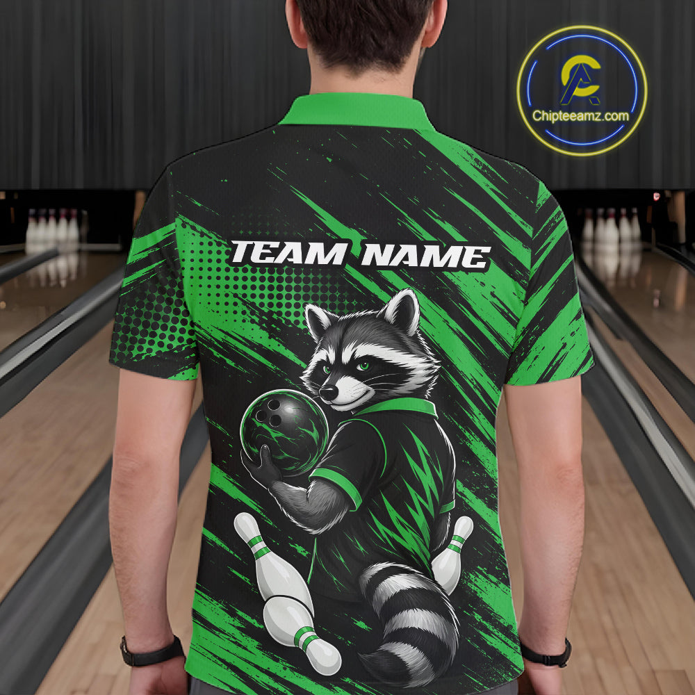 Custom Black And Green Cool Looking Raccoon Bowling Jersey, Funny Bowling Men Polo Shirt IPHW11864