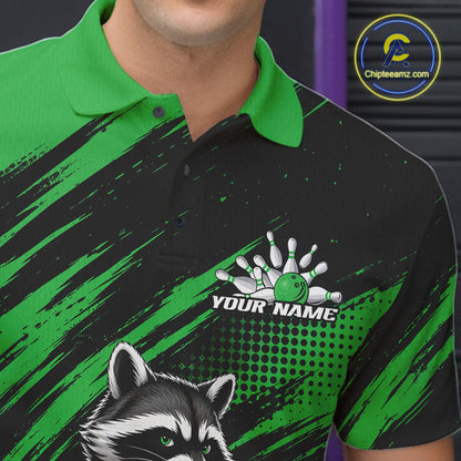 A close-up of a person wearing a green and black bowling-themed polo shirt with a raccoon graphic and a bowling pin/ball design with the text 'YOUR NAME'.