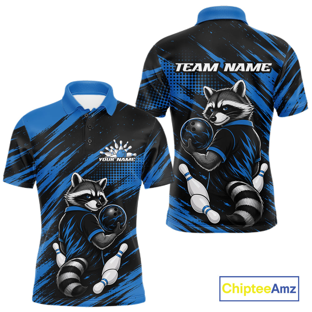 Custom short-sleeve polo shirt shown from the front and back, featuring a raccoon bowling graphic on a black and blue abstract background. The front has a custom name and logo area, and the back has a larger raccoon graphic and 'TEAM NAME' text.