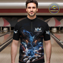 Load image into Gallery viewer, Custom Blue Lightning Flame Dragons Bowling Men Quarter-Zip Shirt, Fire Dragon Bowling Jerseys IPHW9815