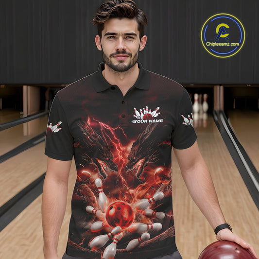 Custom Red Lightning Flame Dragons Bowling Men Polo Shirt, Fire Dragon Bowling Jerseys IPHW9816