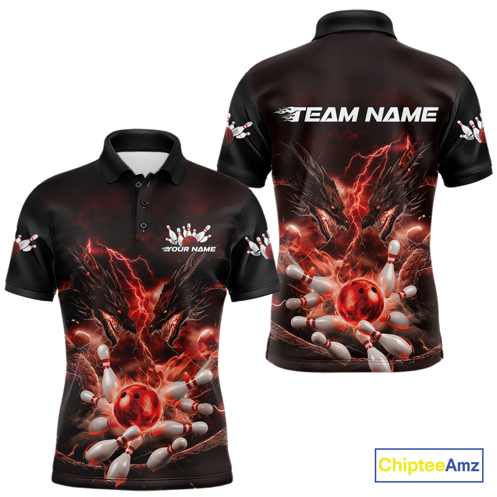 Custom Red Lightning Flame Dragons Bowling Men Polo Shirt, Fire Dragon Bowling Jerseys IPHW9816