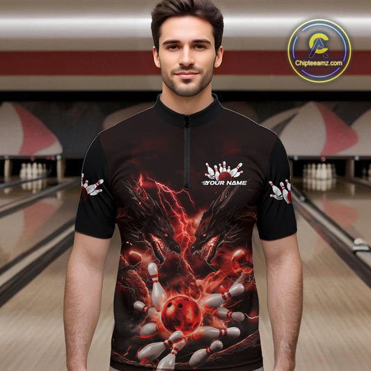 Custom Red Lightning Flame Dragons Bowling Men Quarter-Zip Shirt, Fire Dragon Bowling Jerseys IPHW9816