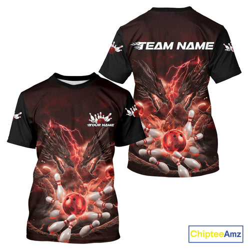 Custom Red Lightning Flame Dragons Bowling Men T-Shirts Shirt, Fire Dragon Bowling Jerseys IPHW9816
