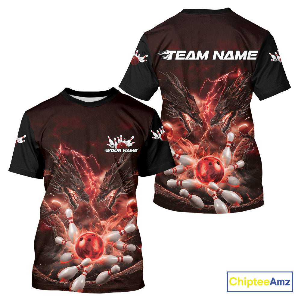 Custom Red Lightning Flame Dragons Bowling Men T-Shirts Shirt, Fire Dragon Bowling Jerseys IPHW9816