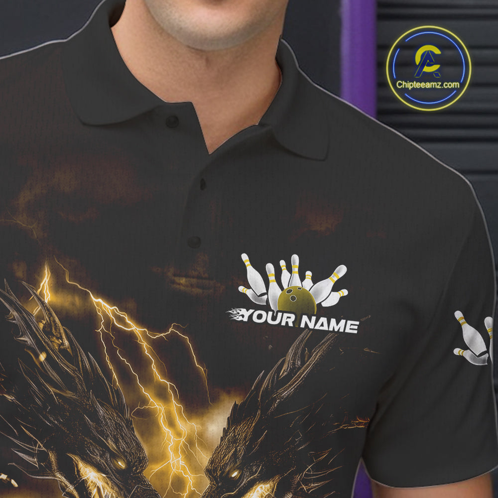 Custom Yellow Lightning Flame Dragons Bowling Men Polo Shirt, Fire Dragon Bowling Jerseys IPHW9818
