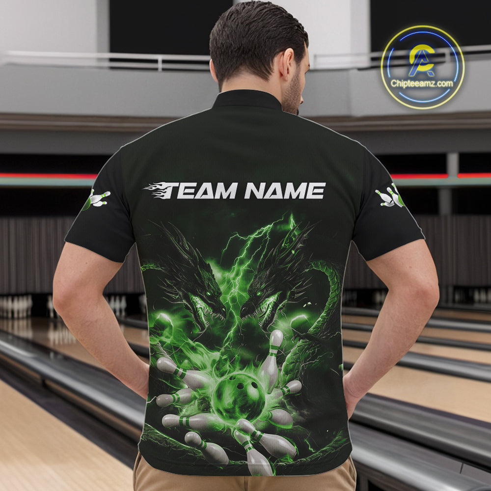 Custom Green Lightning Flame Dragons Bowling Men Quarter-Zip Shirt, Fire Dragon Bowling Jerseys IPHW9819