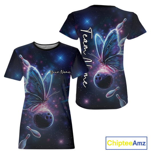 Custom Galaxy Butterfly Bowling Women T-Shirts, Ladies Bowling Team Outfit IPHW10242