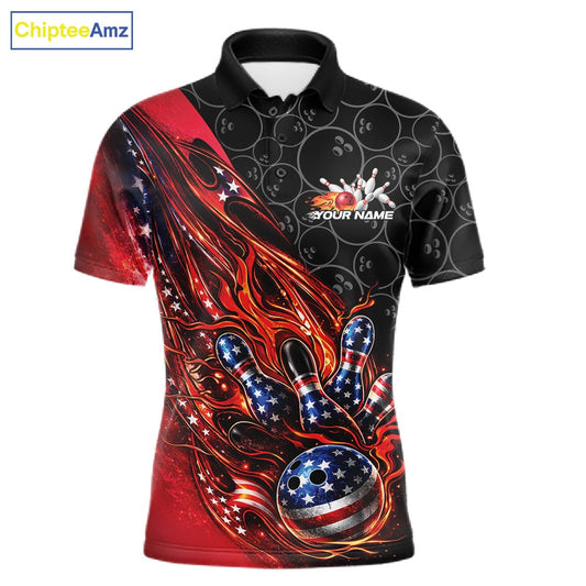 Custom Patriotic Flame Bowling Shirts, American US Flag Bowling Team Jerseys Freedom 4Th Of July Bowling Shirt IPHW10427