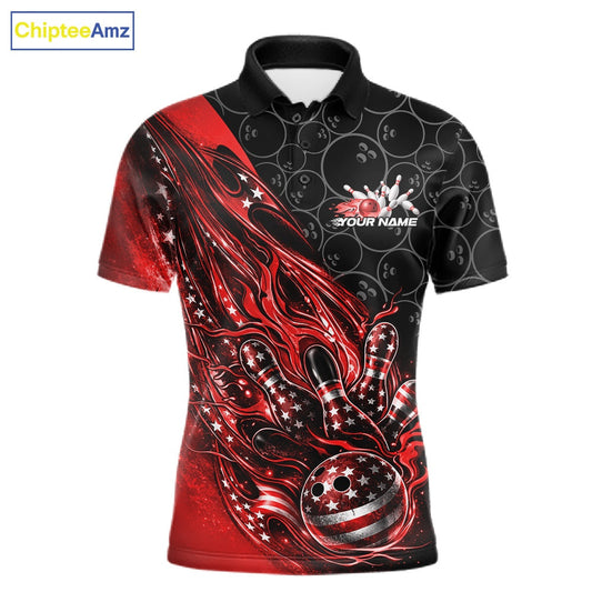 Custom Patriotic Red Flame Bowling Shirts, US Flag Bowling Team Jerseys Freedom 4Th Of July Bowling Shirt IPHW10428