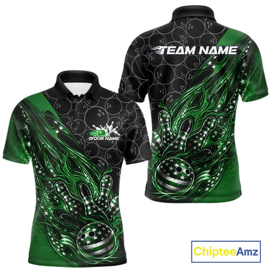 Custom Patriotic Green Flame Bowling Shirts, US Flag Bowling Team Jerseys Freedom 4Th Of July Bowling Shirt IPHW10431
