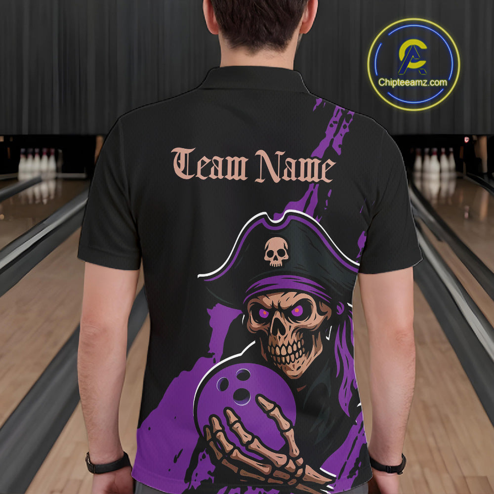 Custom Black And Purple Pirate Bowling Men Polo Shirt, Pirate Bowling Team Jerseys IPHW10708