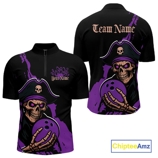 Custom Black And Purple Pirate Bowling Men Quarter-Zip Shirt, Pirate Bowling Team Jerseys IPHW10708