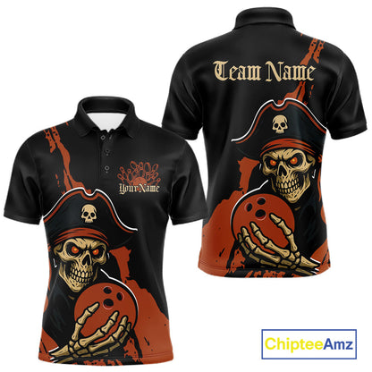 Custom Black And Orange Pirate Bowling Men Polo Shirt, Pirate Bowling Team Jerseys IPHW10709