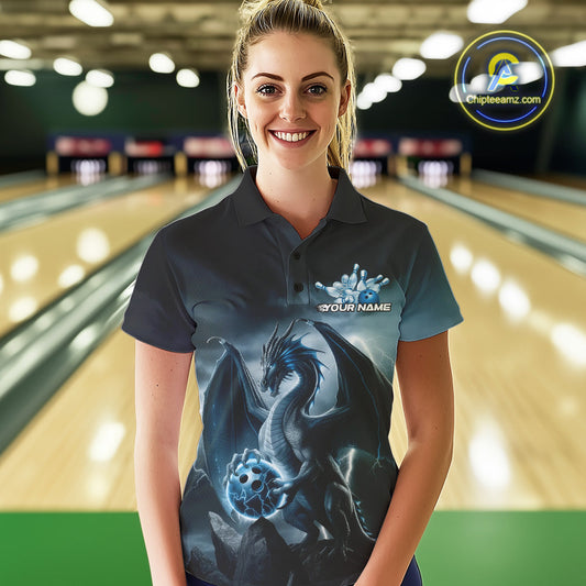 Custom Black And Blue Thunder Lightning Dragon Bowling Women Polo Shirts, Team Outfit IPHW9099