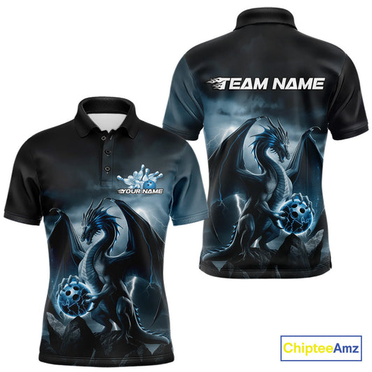 Custom Black And Blue Thunder Lightning Dragon Bowling Men Polo Shirts, Team Outfit IPHW9099