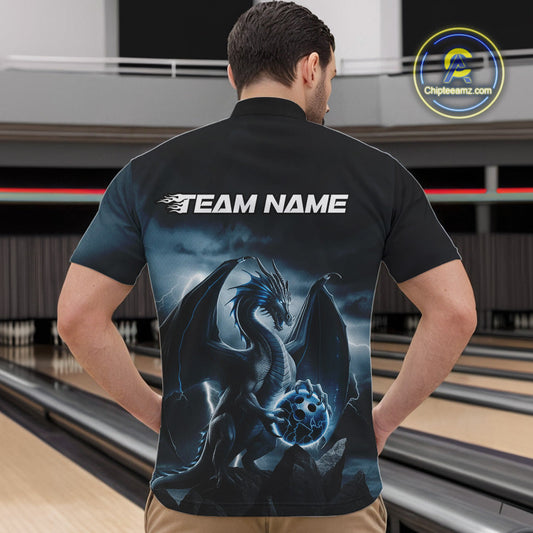 Custom Black And Blue Thunder Lightning Dragon Bowling Men Quarter-Zip Shirts, Team Outfit IPHW9099