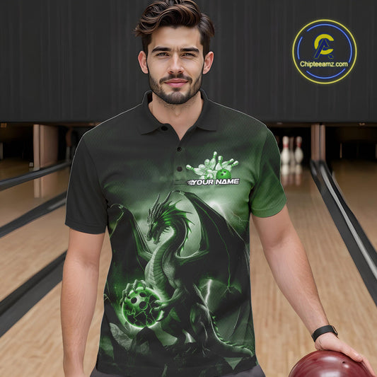 Custom Black And Green Thunder Lightning Dragon Bowling Men Polo Shirts, Team Outfit IPHW9100