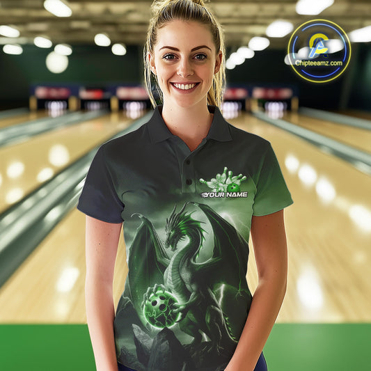 Custom Black And Green Thunder Lightning Dragon Bowling Women Polo Shirts, Team Outfit IPHW9100