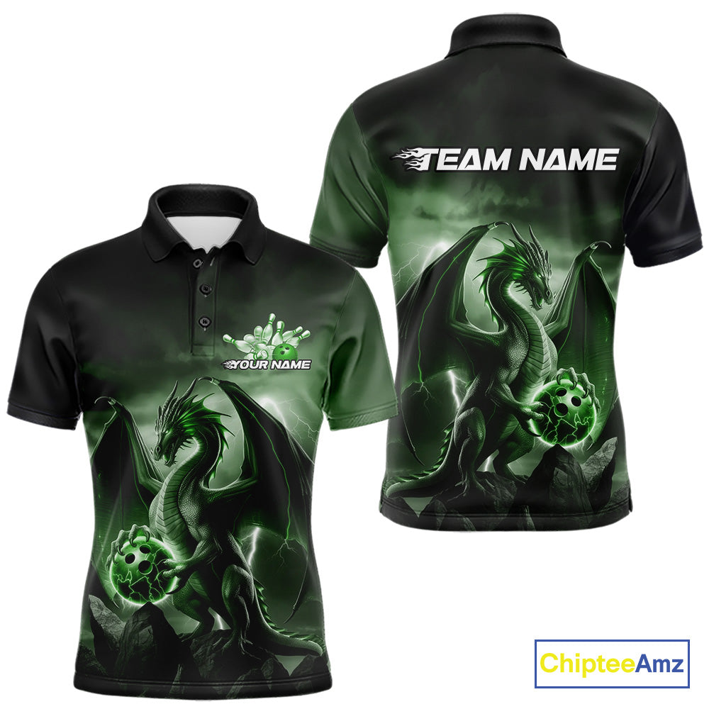 Custom Black And Green Thunder Lightning Dragon Bowling Men Polo Shirts, Team Outfit IPHW9100