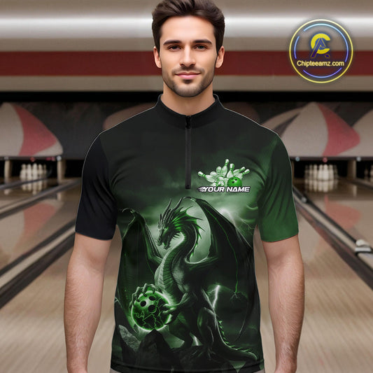 Custom Black And Green Thunder Lightning Dragon Bowling Men Quarter-Zip Shirts, Team Outfit IPHW9100