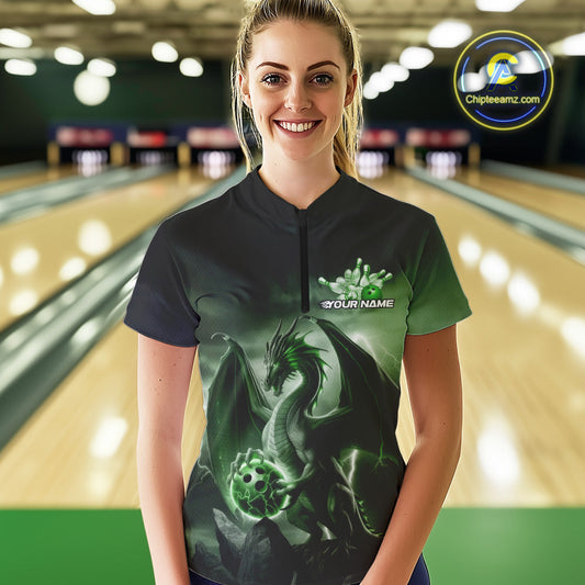 Custom Black And Green Thunder Lightning Dragon Bowling Women Quarter-Zip Shirts IPHW9100