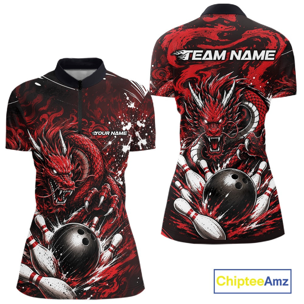 Red and black bowling shirt with dragon design and 'Team Name' text, featuring Chiptee Amz branding.