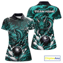 Load image into Gallery viewer, Teal dragon-themed polo shirt with customizable text on a white background