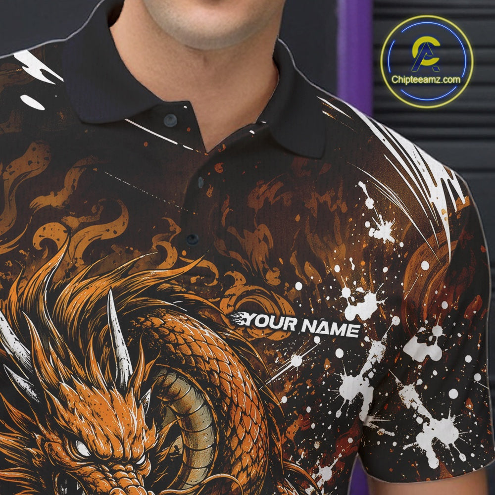 Black polo shirt with orange dragon design and 'Your Name' text, brand logo visible.