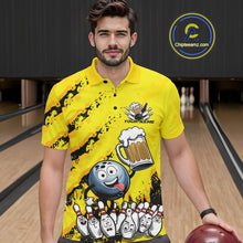 Load image into Gallery viewer, Custom Yellow Funny Bowling Men Polo Shirts, Bowling And Beer Party Bowlers Outfit IPHW9829