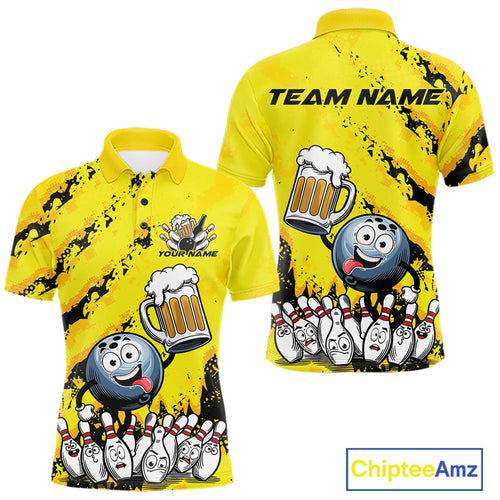 Custom Yellow Funny Bowling Men Polo Shirts, Bowling And Beer Party Bowlers Outfit IPHW9829