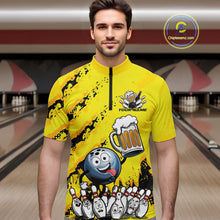 Load image into Gallery viewer, Custom Yellow Funny Bowling Men Quarter-Zip Shirts, Bowling And Beer Party Bowlers Outfit IPHW9829