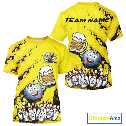 Custom Yellow Funny Bowling Men T-Shirts Shirts, Bowling And Beer Party Bowlers Outfit IPHW9829