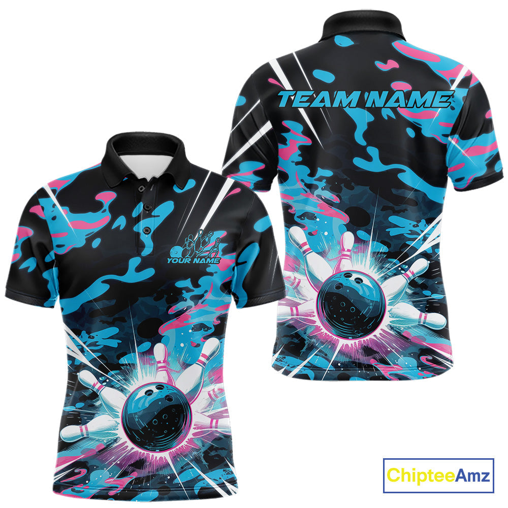 Custom Blue And Pink Camo Bowling Polo Shirts For Men, Camouflage Bowling Team Outfit IPHW9832